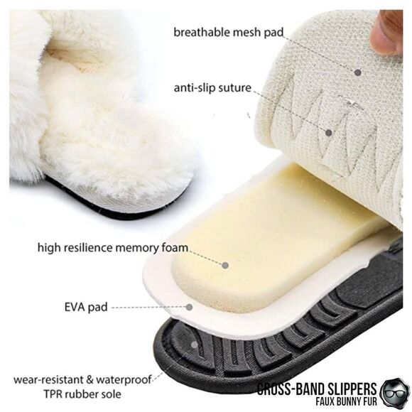 FUZZY FAUX BUNNY FUR CROSS BAND SLIPPERS IN GREY NON-SLIP SIZE MEDIUM 5.5 - 6.5 - Picture 11 of 14